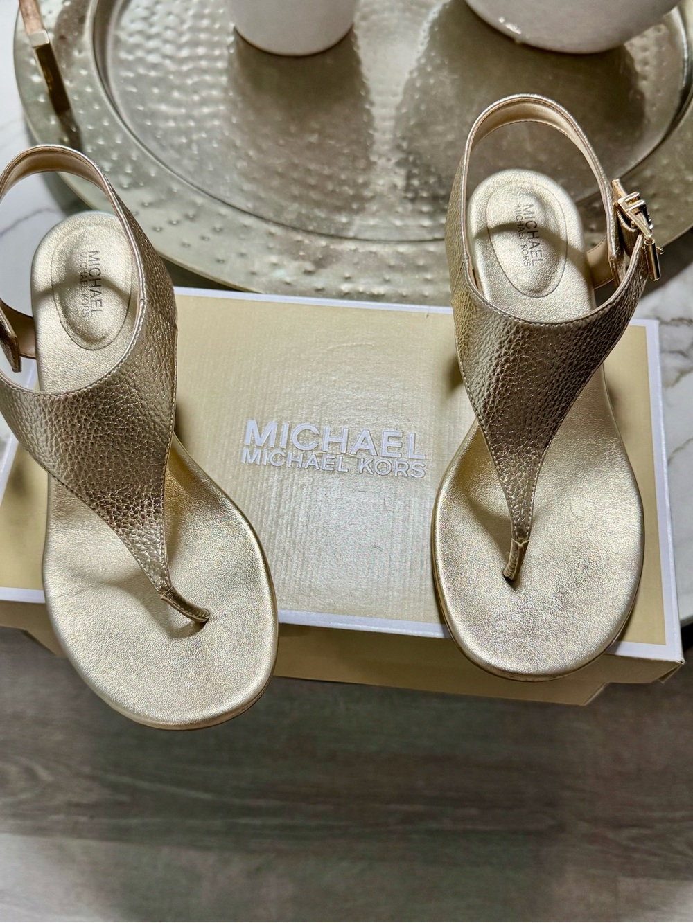 MICHAEL Michael Kors Metallic Gold T-Strap Slingback Sandals